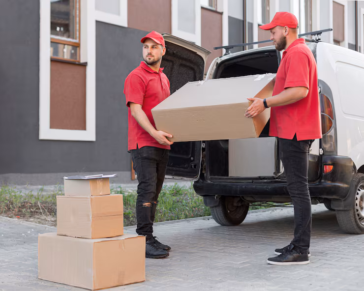 Two movers in red uniforms carrying moving boxes